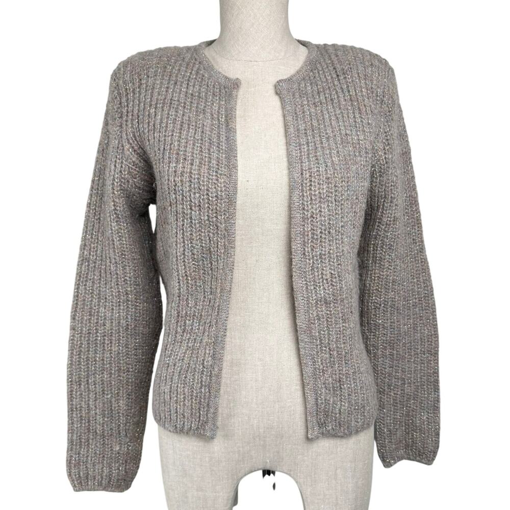 Vintage Rafique Mohair Cardigan Metallic Thread Open Front Sweater Neutral Sz S